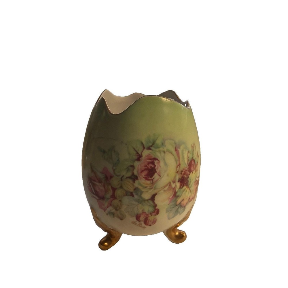 Vintage Green Floral Imperial German Handpainted Footed Egg Vase 5.5"
